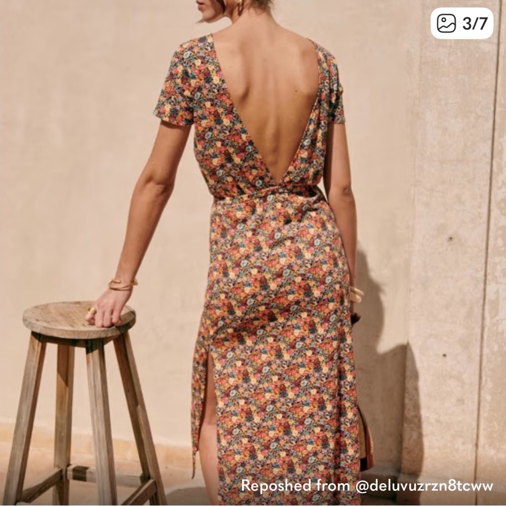 Sezane Robe Luce Fleurs Soleil Midi Dress Floral Green Bouquet Open Back XS